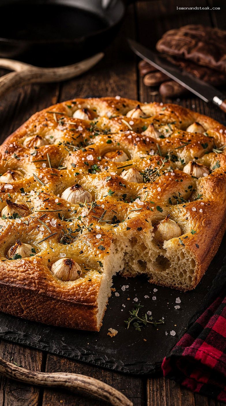 Garlic Herb Focaccia With Roasted Garlic and Olive Oil