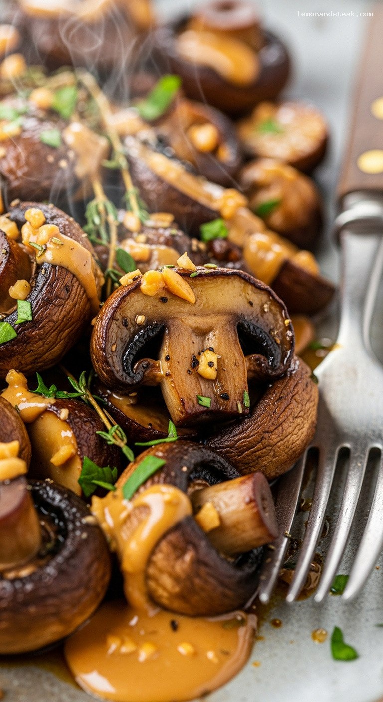 Garlic Herb Peanut Butter Roasted Mushroom Medley – Closeup