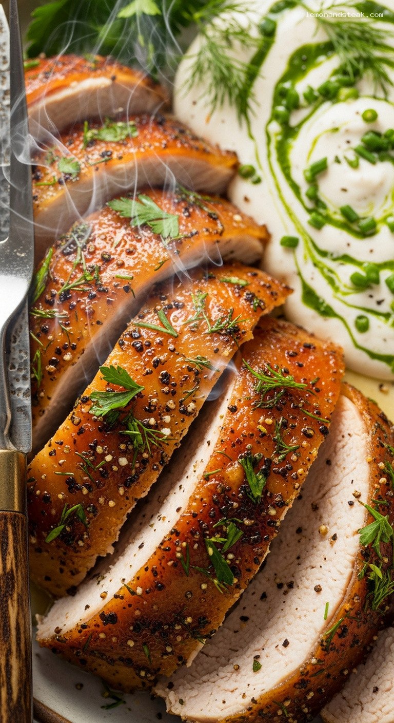 Garlic Herb Ranch-Brined Roast Turkey with Fresh Herbs – Closeup