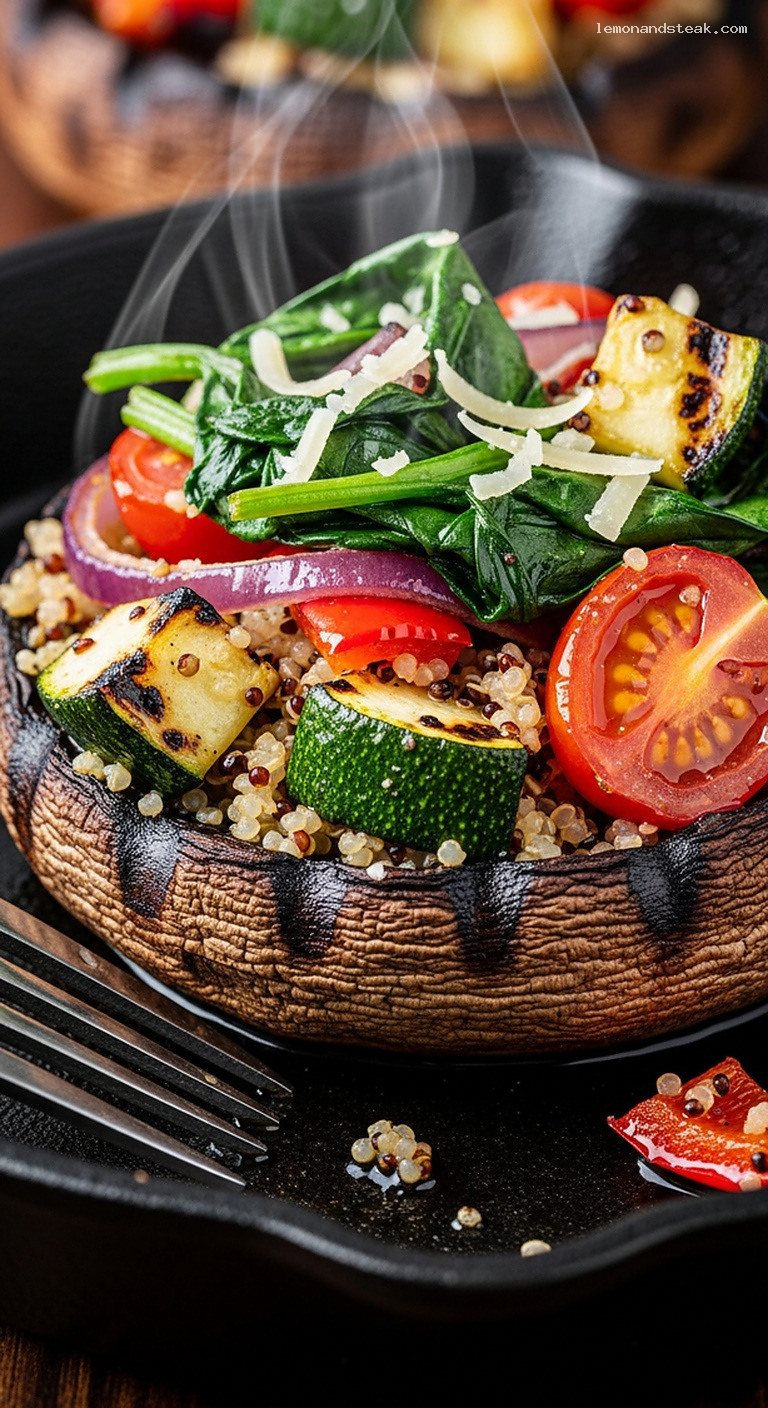 Garlic Oil Grilled Veggie-Stuffed Portobello Mushrooms – Closeup