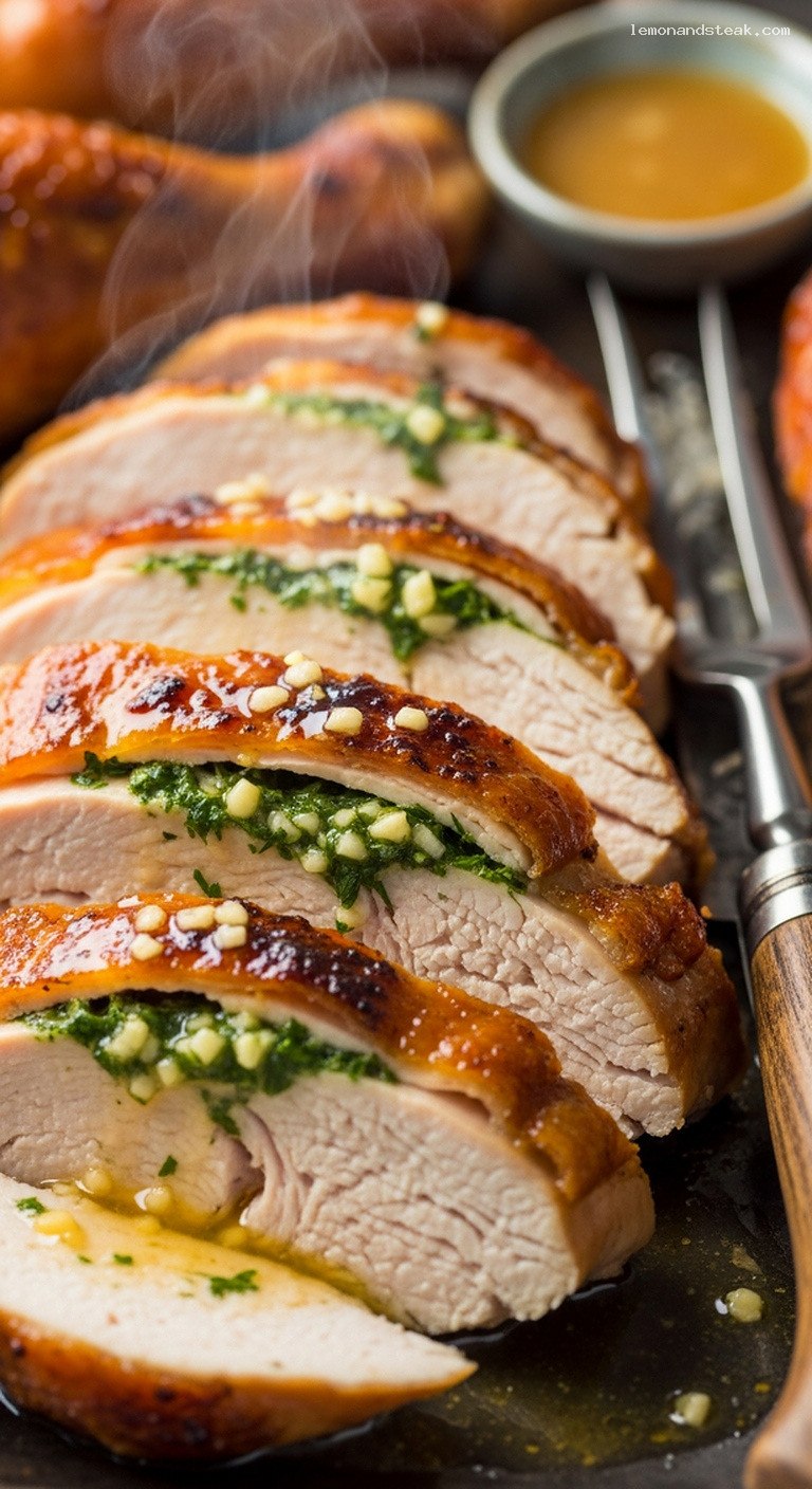 Garlic-Parsley Butter Roast Turkey With Crispy Skin – Closeup