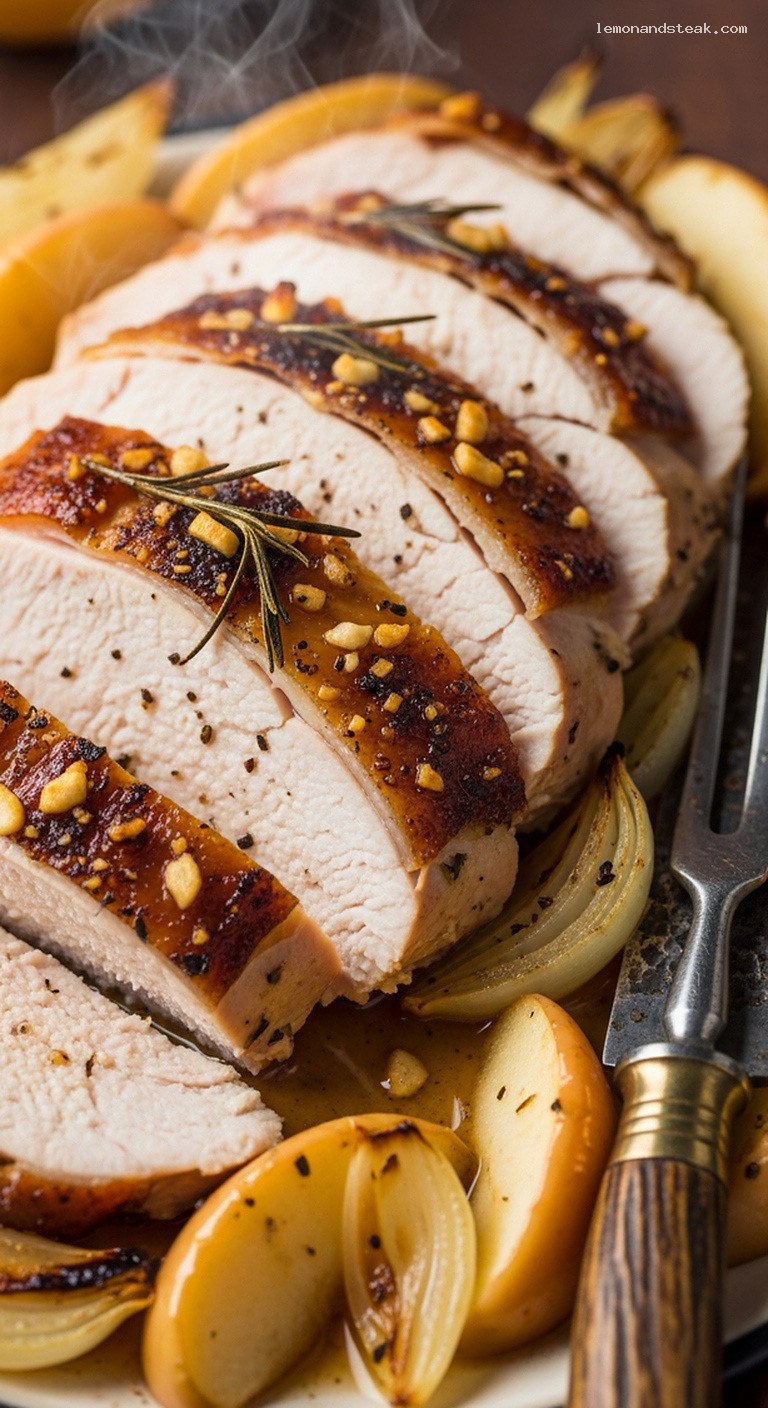 Garlic Rosemary Brown Butter Roast Turkey With Apples – Closeup