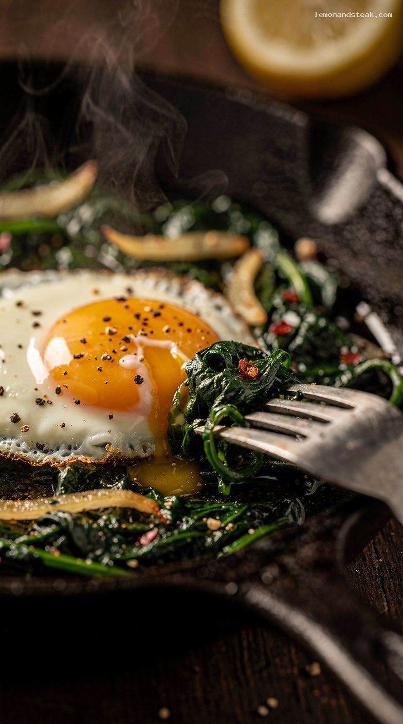 Garlic Spinach Skillet Eggs Recipe – Closeup