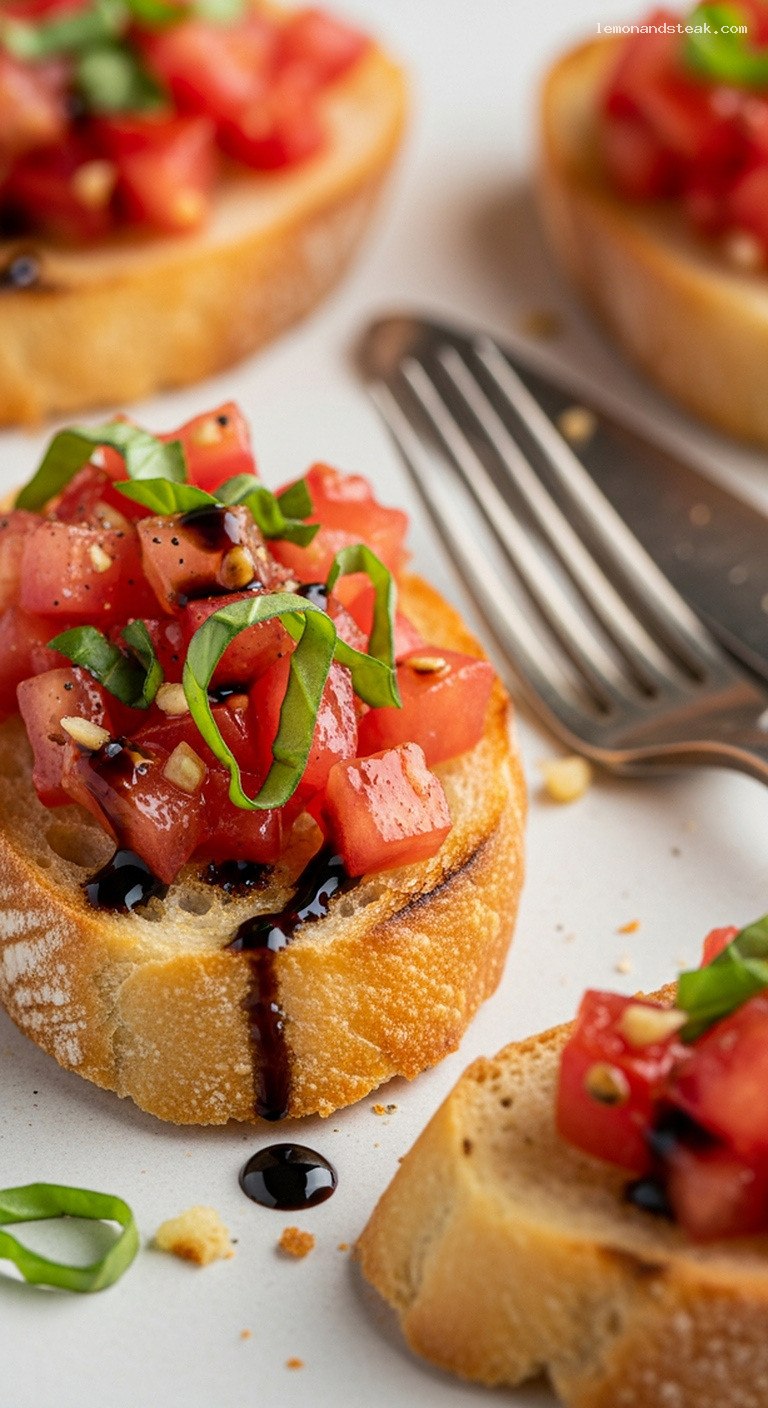 Garlic Tomato Bruschetta With Basil and Balsamic – Closeup