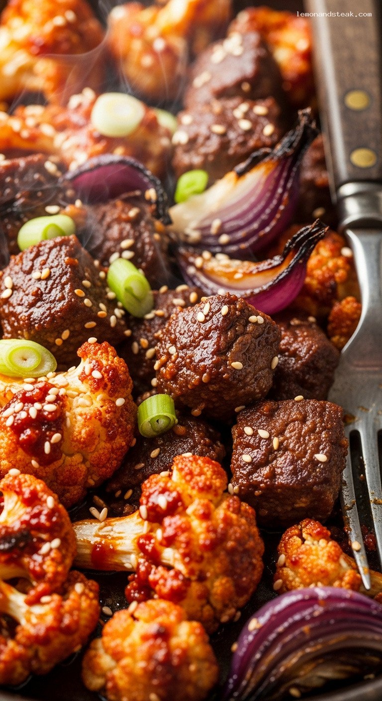 Gochujang Roasted Cauliflower and Beef Sheet Pan Dinner – Closeup