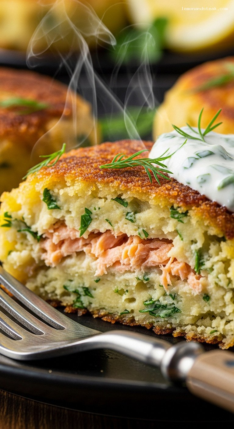 Golden Salmon and Potato Patties with Fresh Herbs – Closeup