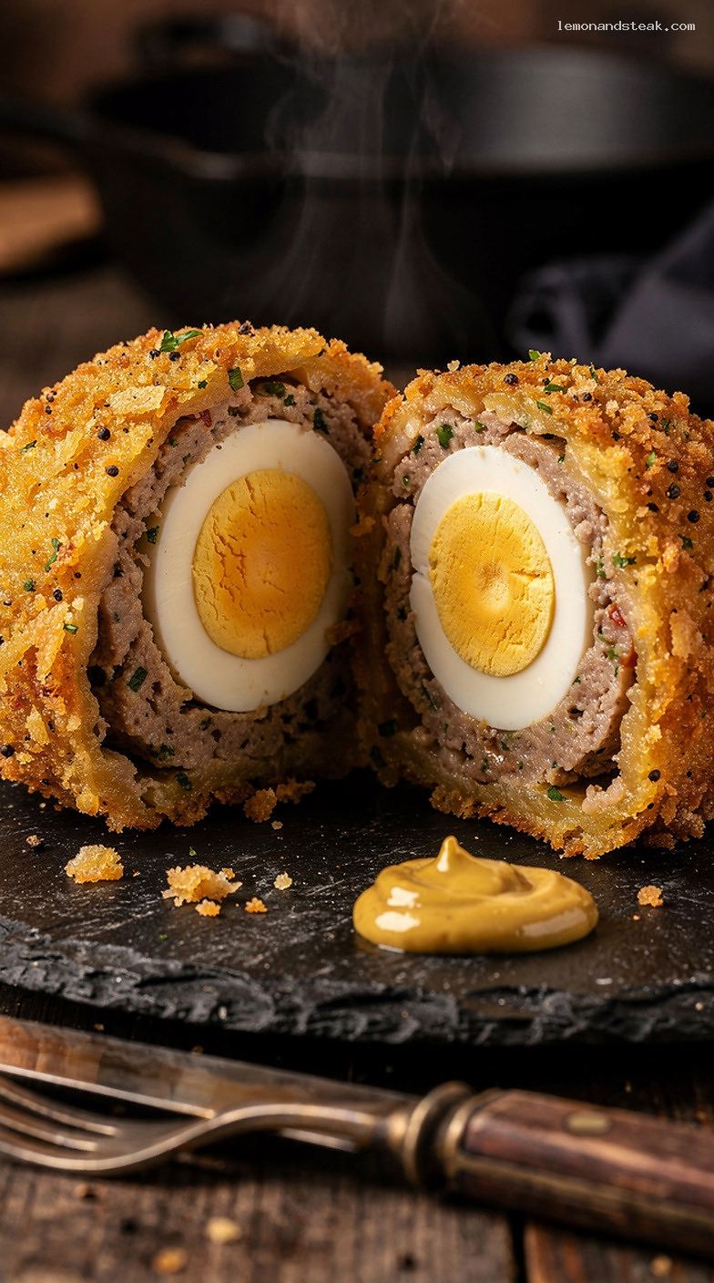 Golden Scotch Eggs With Seasoned Sausage and Crisp Breading – Closeup