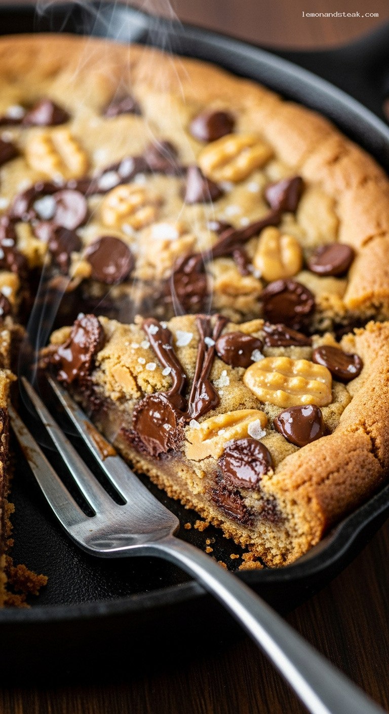 Gooey Peanut Butter Chocolate Chip Skillet Cookie – Closeup