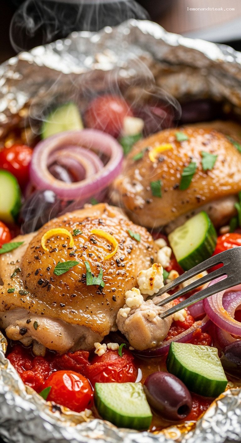 Greek Lemon Oregano Chicken Foil Packets with Olives and Tomatoes – Closeup