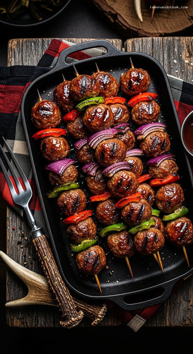 Grilled BBQ Meatball Skewers with Peppers and Onions
