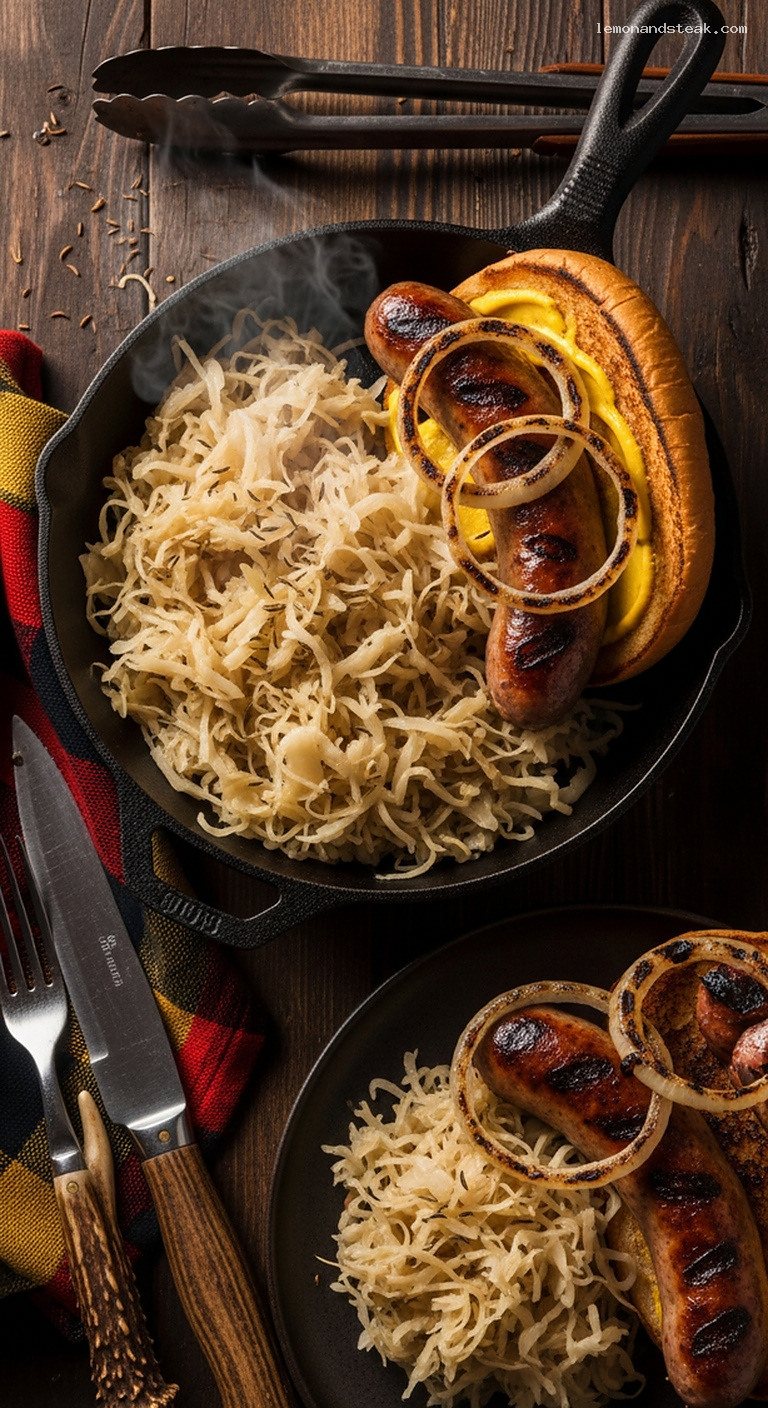Grilled Bratwurst with Sauerkraut and Charred Onions