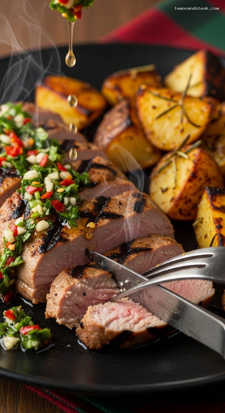 Grilled Chimichurri Pork Tenderloin with Fire-Roasted Potatoes – Closeup