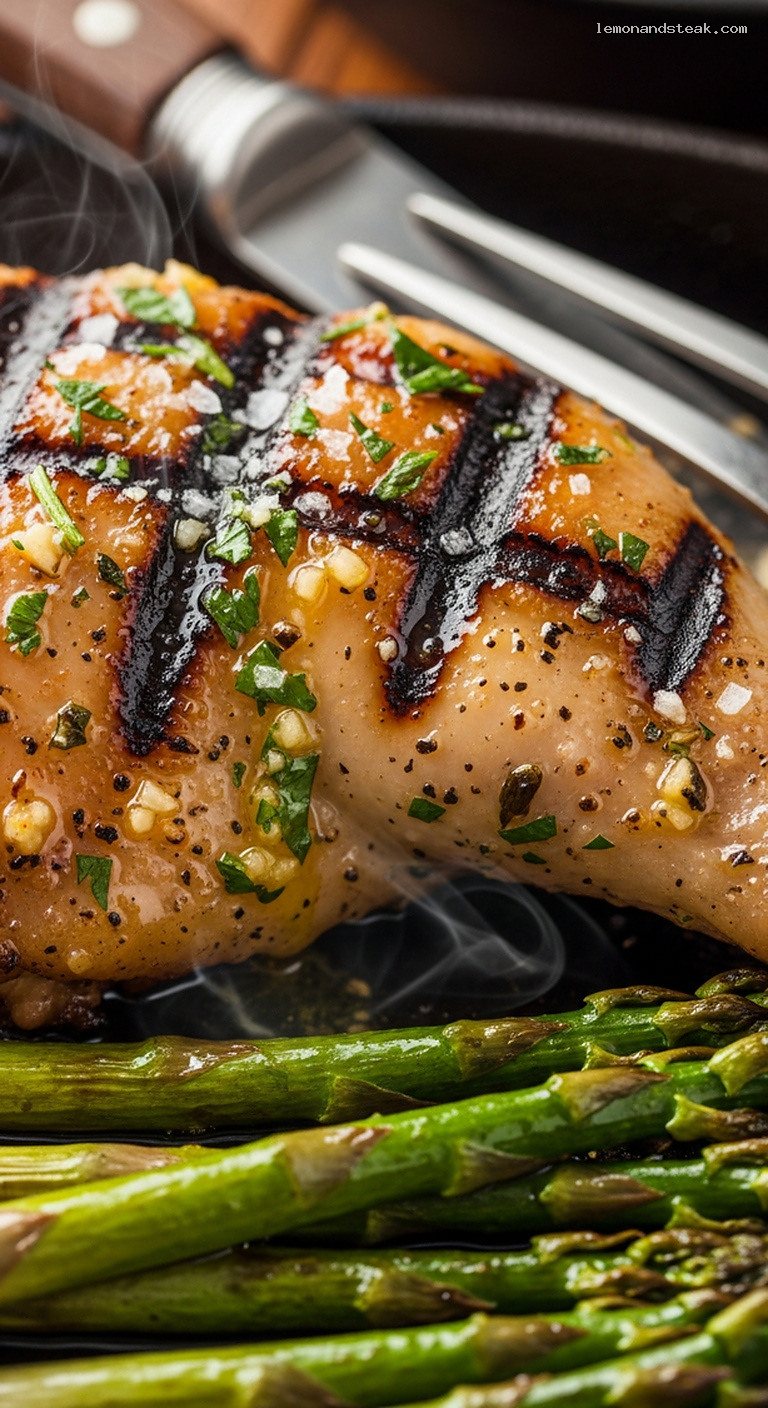 Grilled Citrus-Herb Chicken Legs with Charred Asparagus – Closeup
