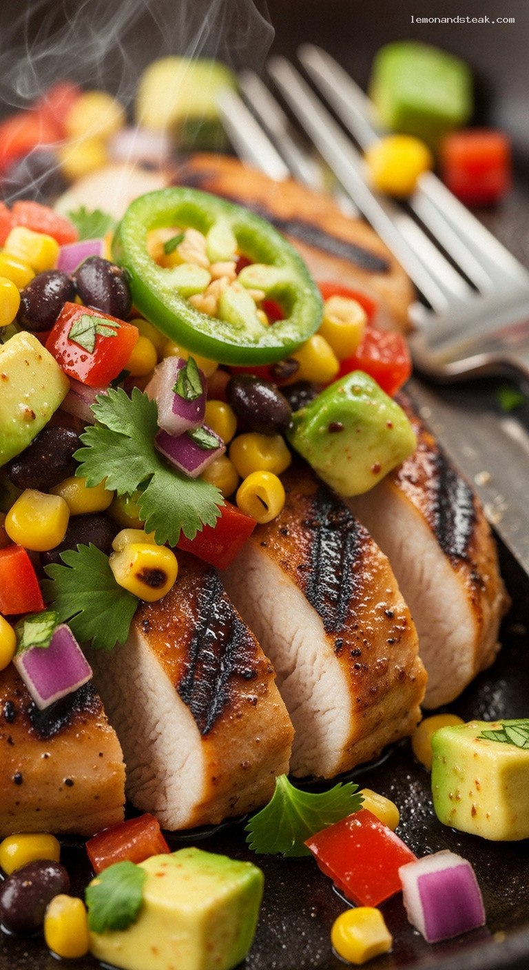 Grilled Corn and Black Bean Salsa With Charred Chicken – Closeup
