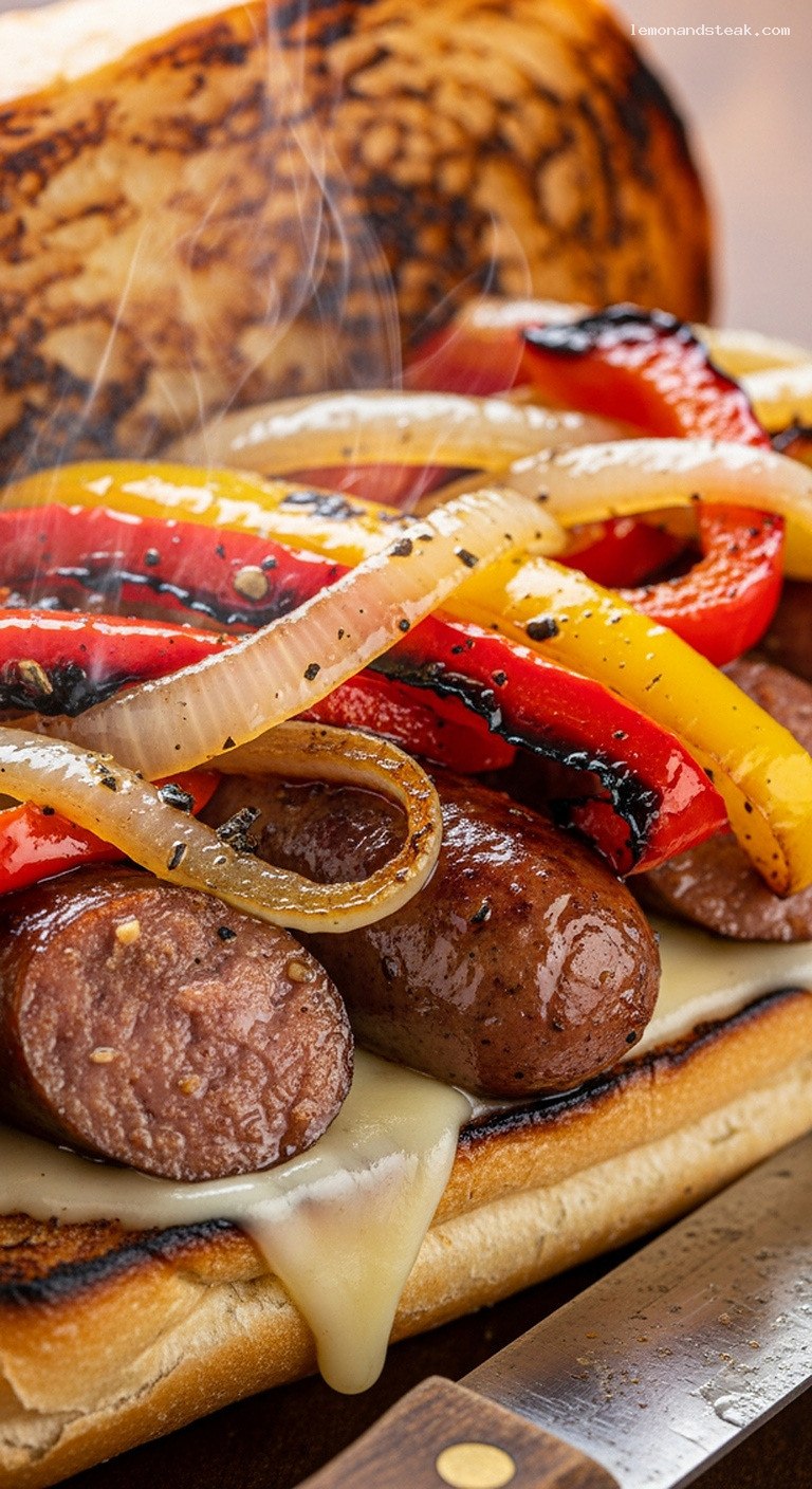 Grilled Sausage and Pepper Hoagies with Flame-Caramelized Onions – Closeup