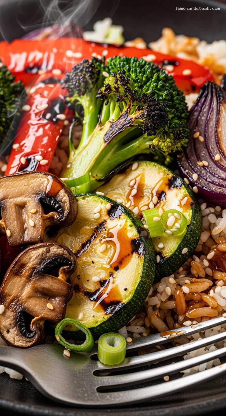 Grilled Teriyaki Veggie Rice Bowl with Charred Vegetables – Closeup