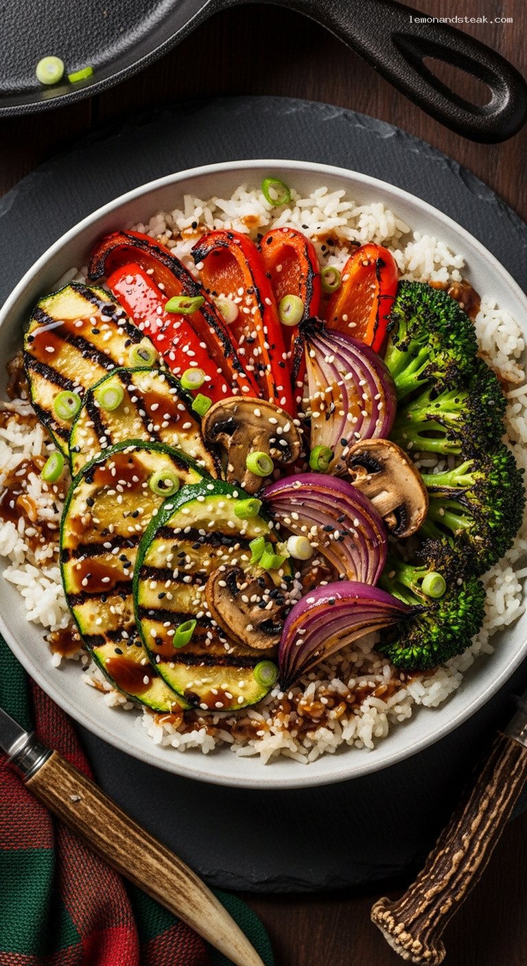 Grilled Teriyaki Veggie Rice Bowl with Charred Vegetables