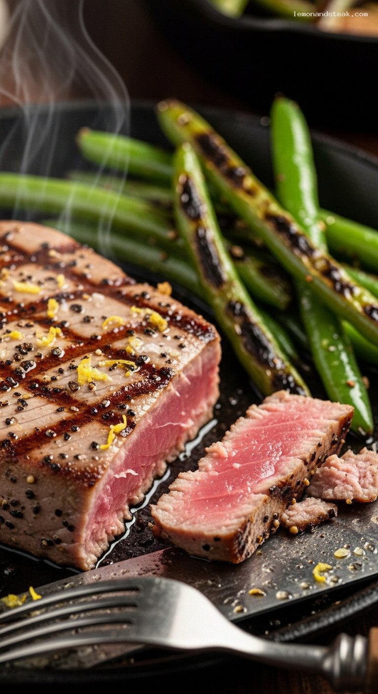 Grilled Tuna Steaks With Lemon and Charred Green Beans – Closeup