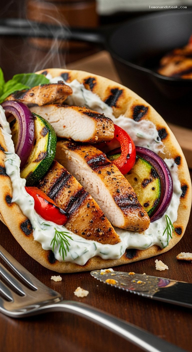 Grilled Veggie and Chicken Gyros with Charred Flatbreads (Fire-Seared, Assemble-After) – Closeup