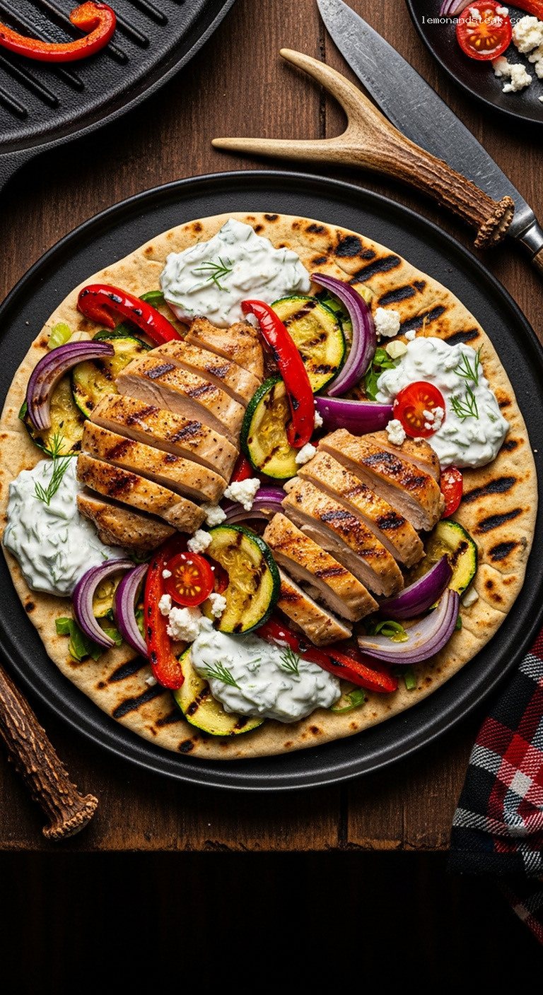 Grilled Veggie and Chicken Gyros with Charred Flatbreads (Fire-Seared, Assemble-After)