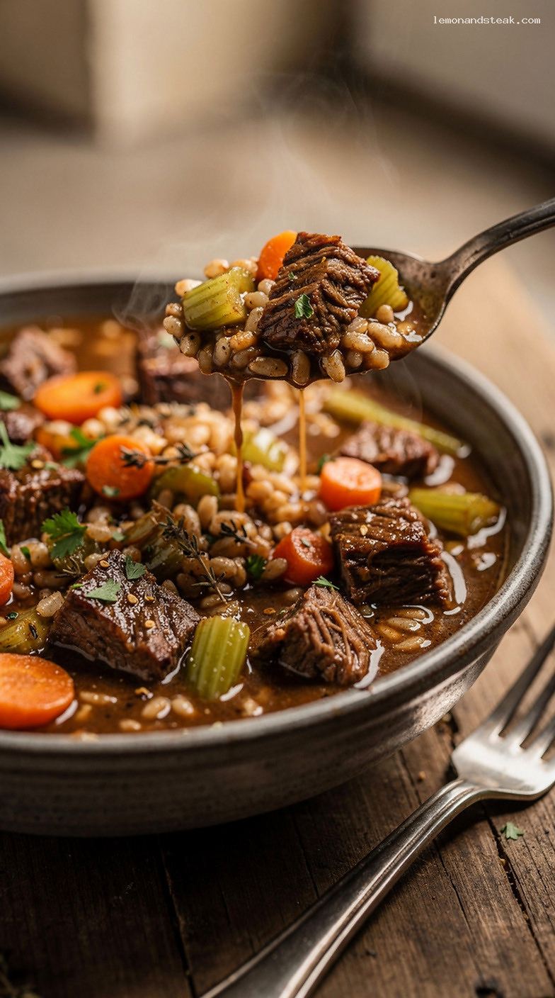 Hearty Beef and Barley Stew with Vegetables and Herbs – Closeup