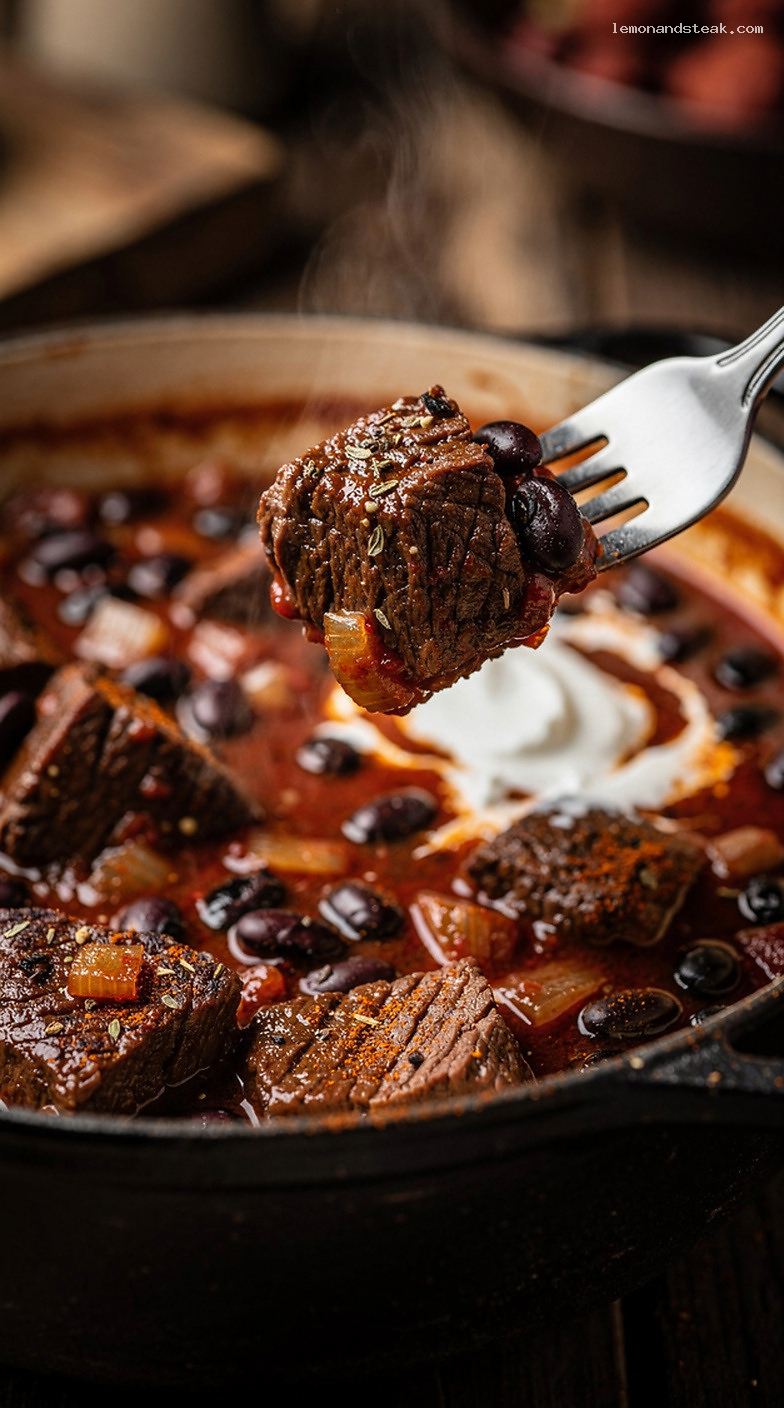 Hearty Beef and Black Bean Stew with Tomatoes and Garlic – Closeup