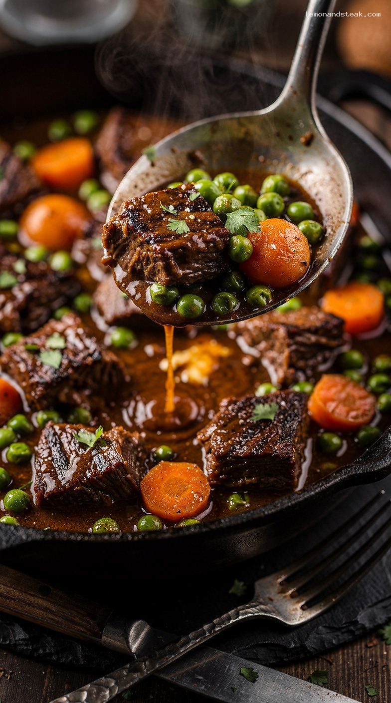 Hearty Beef and Pea Stew with Carrots and Herbs – Closeup