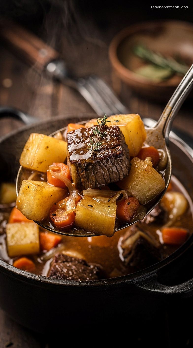 Hearty Beef and Rutabaga Stew With Herbs and Vegetables – Closeup