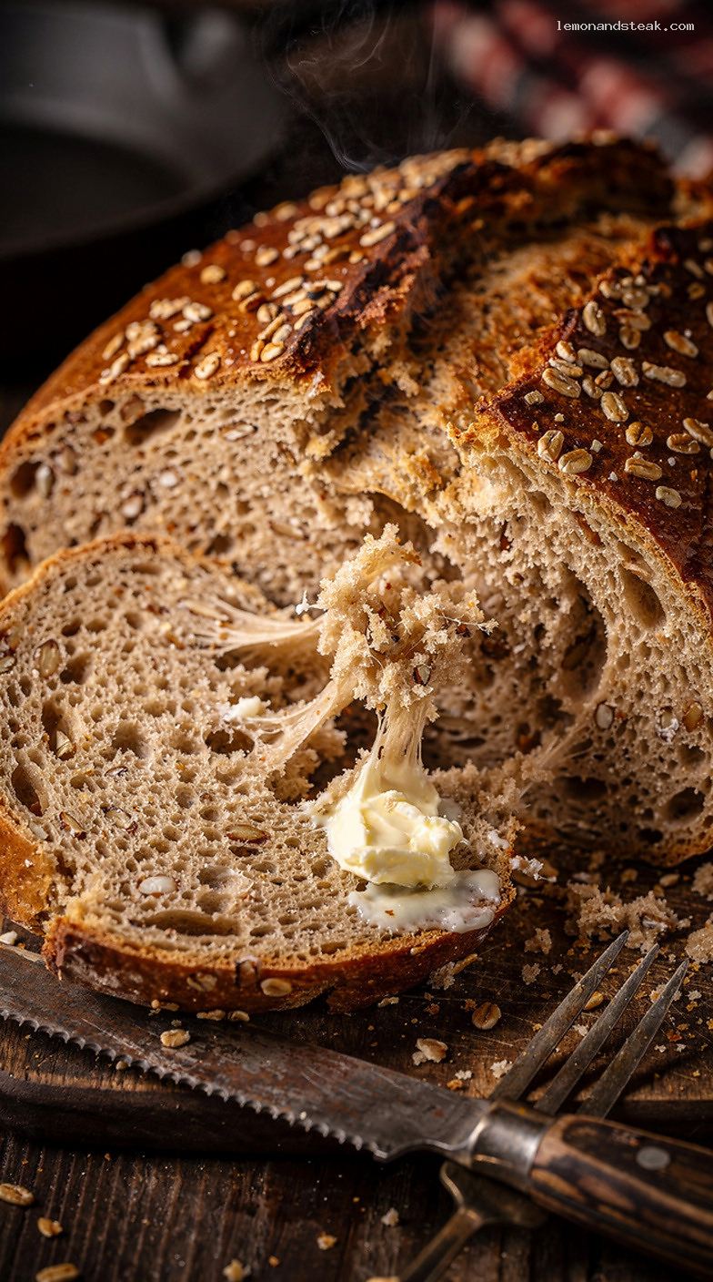 Hearty Cracked Wheat Bread With Nutty Chewy Crumb – Closeup