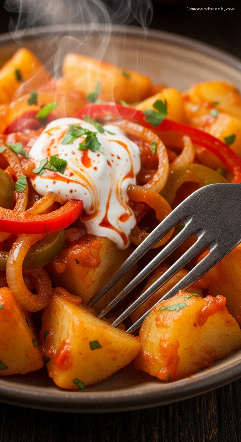 Hearty Hungarian Paprika Potatoes with Onions and Peppers – Closeup