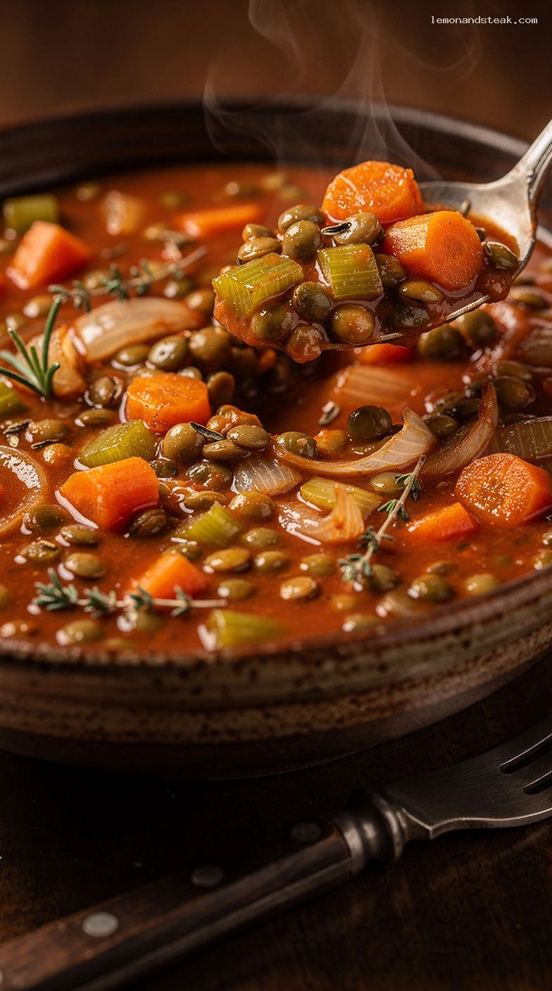 Hearty Lentil and Vegetable Stew with Herbs – Closeup