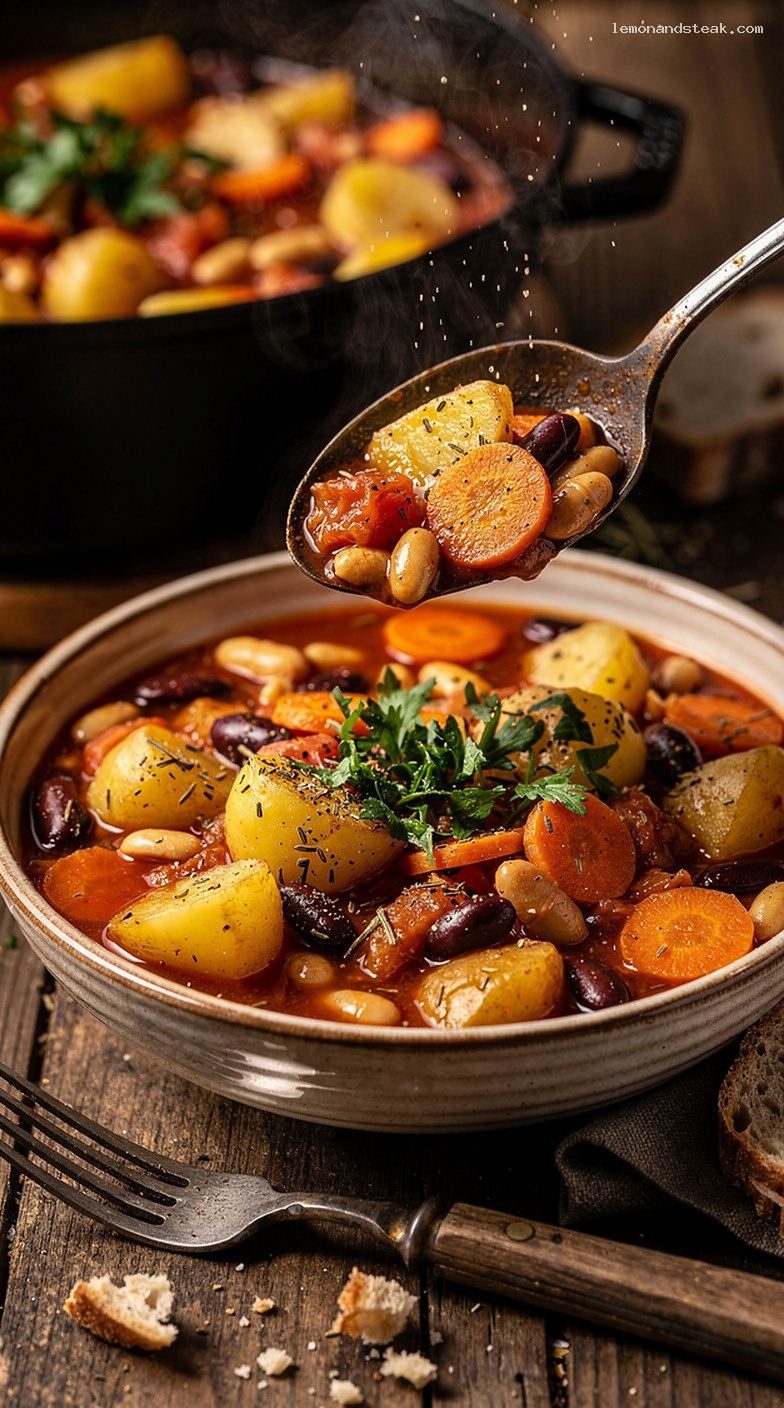 Hearty Meatless Vegetable Stew With Potatoes and Beans – Closeup