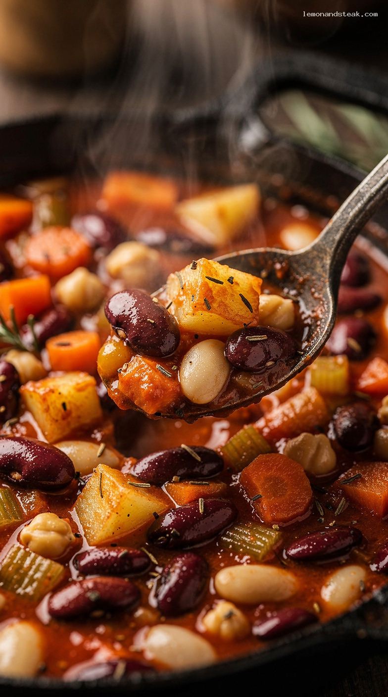 Hearty Mixed Bean and Vegetable Stew – Closeup