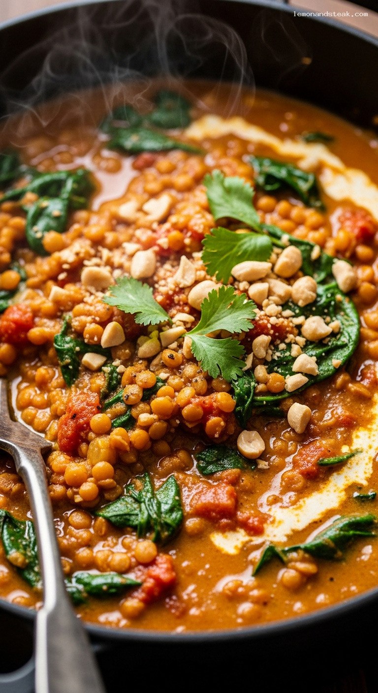 Hearty Peanut Curry Lentil Stew With Spinach – Closeup
