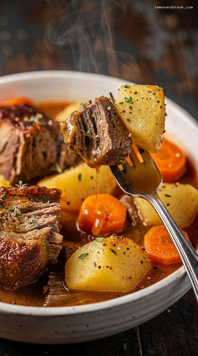 Hearty Pork Shoulder and Potato Stew – Closeup
