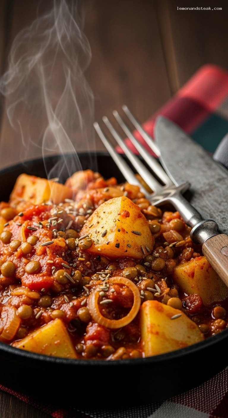 Hearty Potato and Lentil Tomato Curry with Cumin and Ginger – Closeup