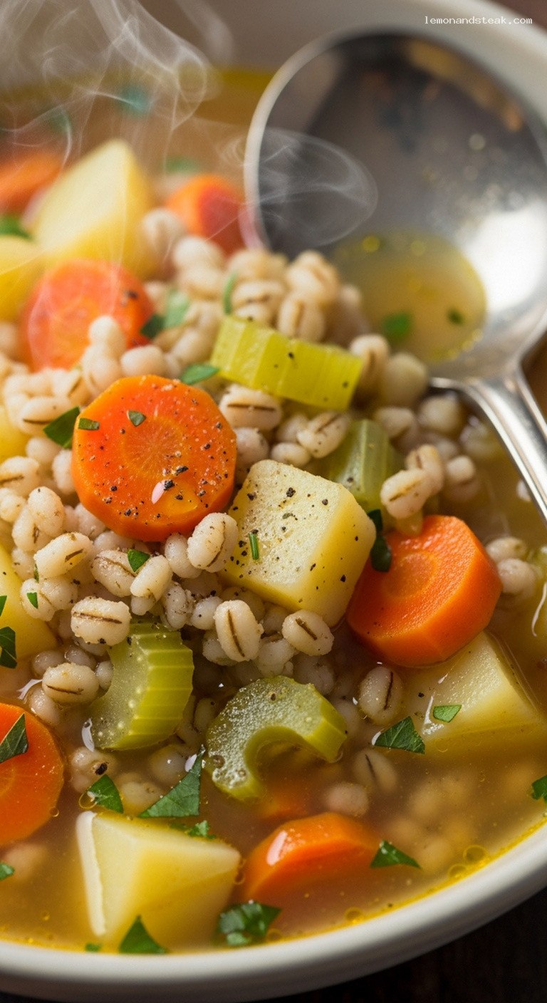 Hearty Potato Barley Soup with Carrots and Celery – Closeup