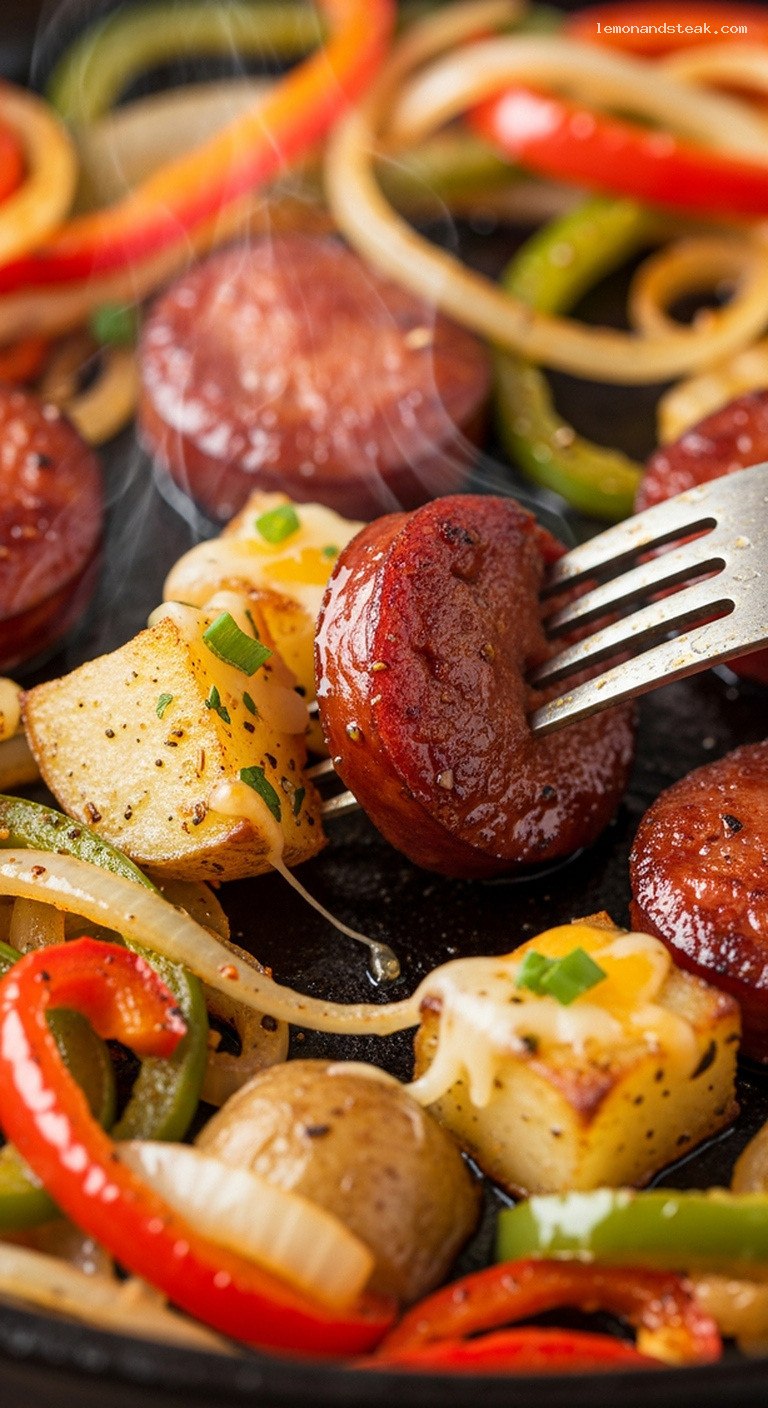 Hearty Smoked Sausage and Potato Skillet Dinner – Closeup