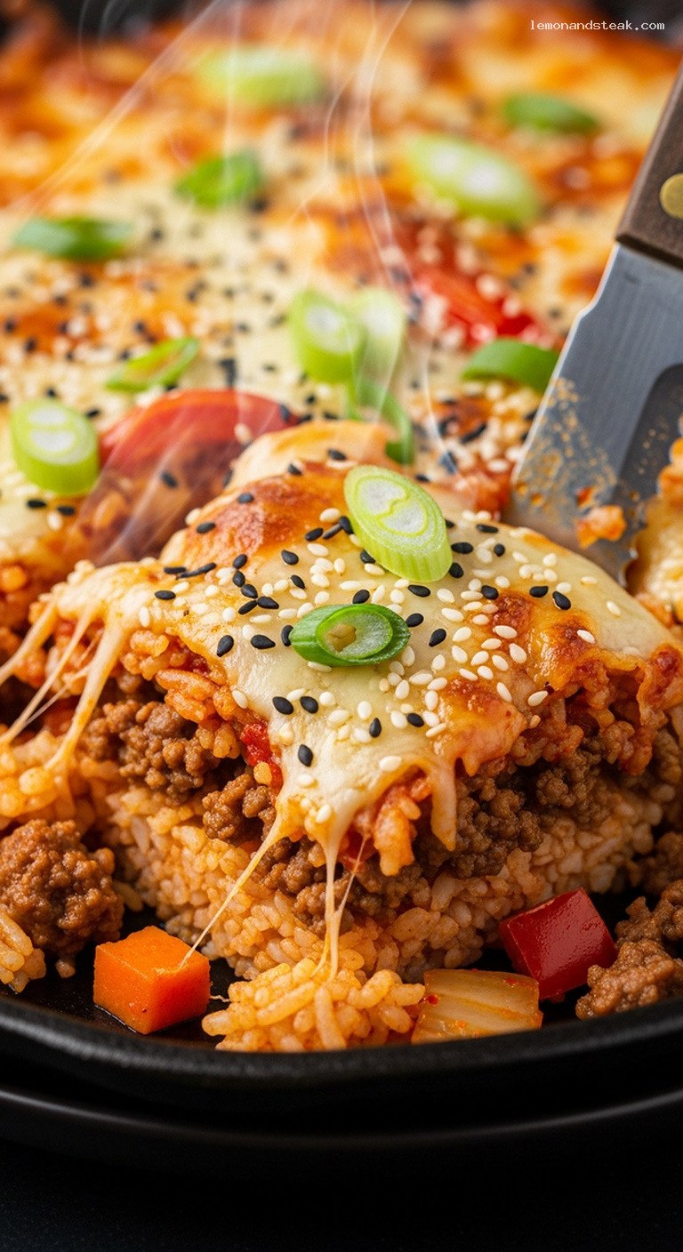 Hearty Spicy Gochugaru Beef and Rice Bake – Closeup