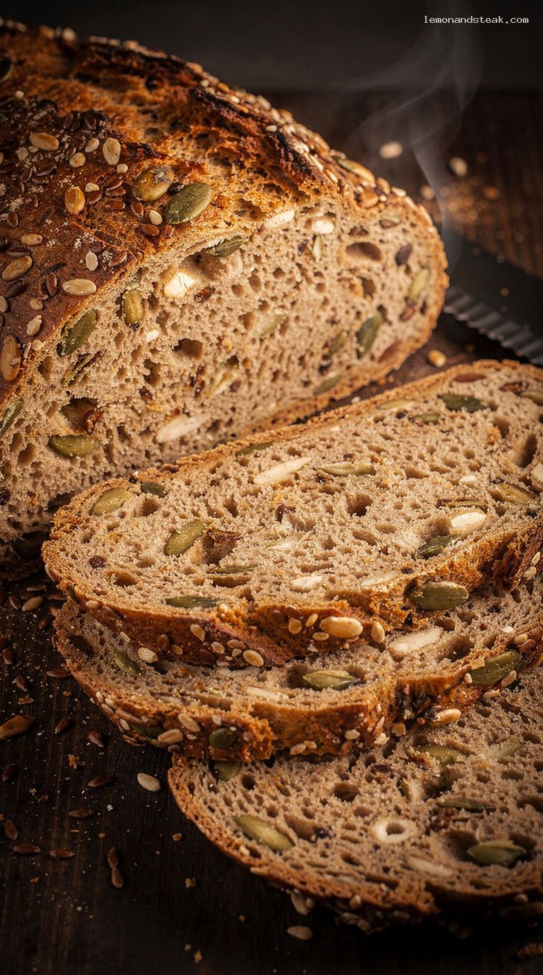 Hearty Three-Seed Bread With Flax, Sunflower, and Pumpkin Seeds – Closeup