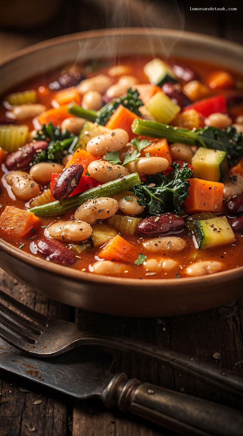 Hearty Tomato Vegetable and Bean Stew with Herbs – Closeup