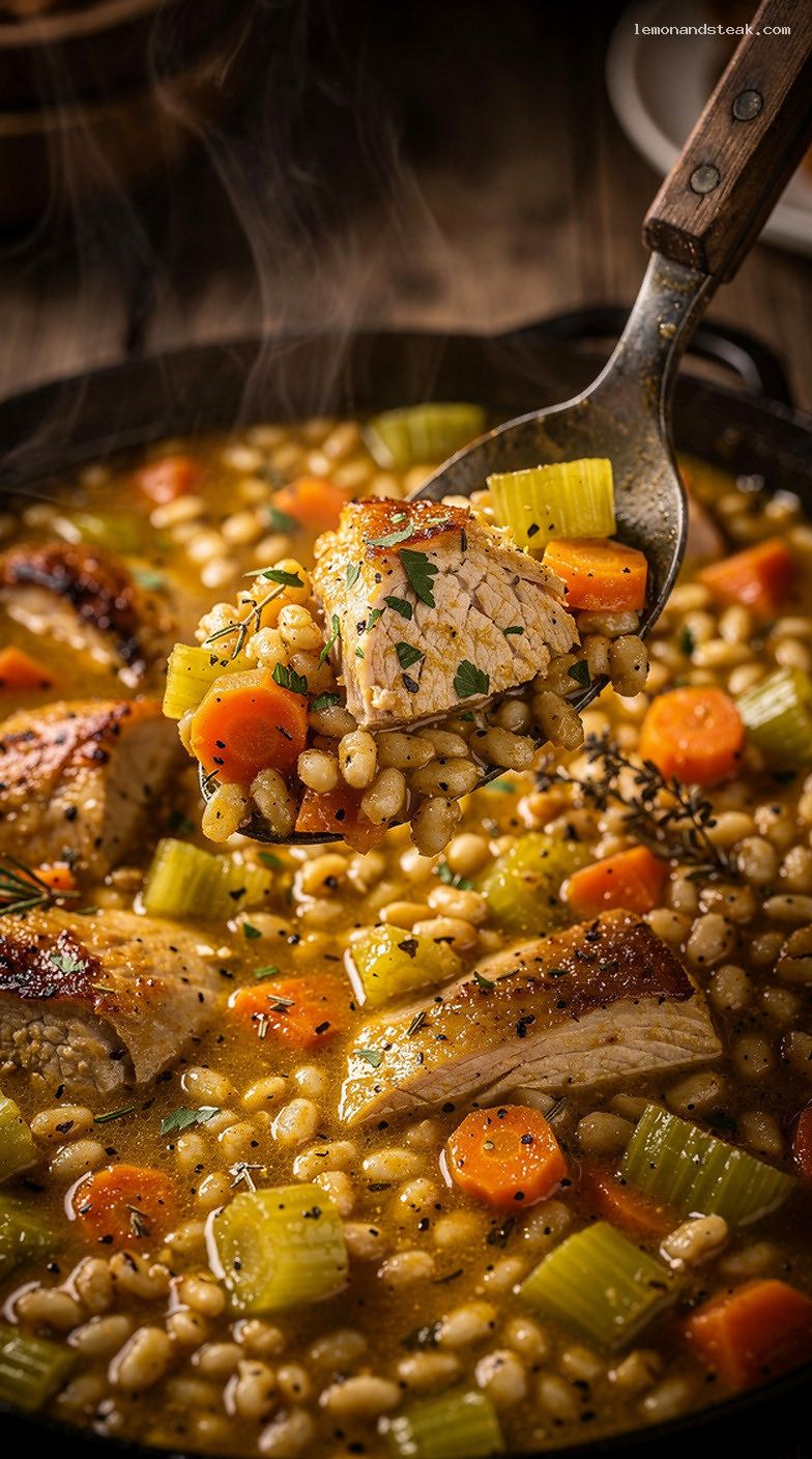 Hearty Turkey and Barley Stew with Vegetables and Herbs – Closeup