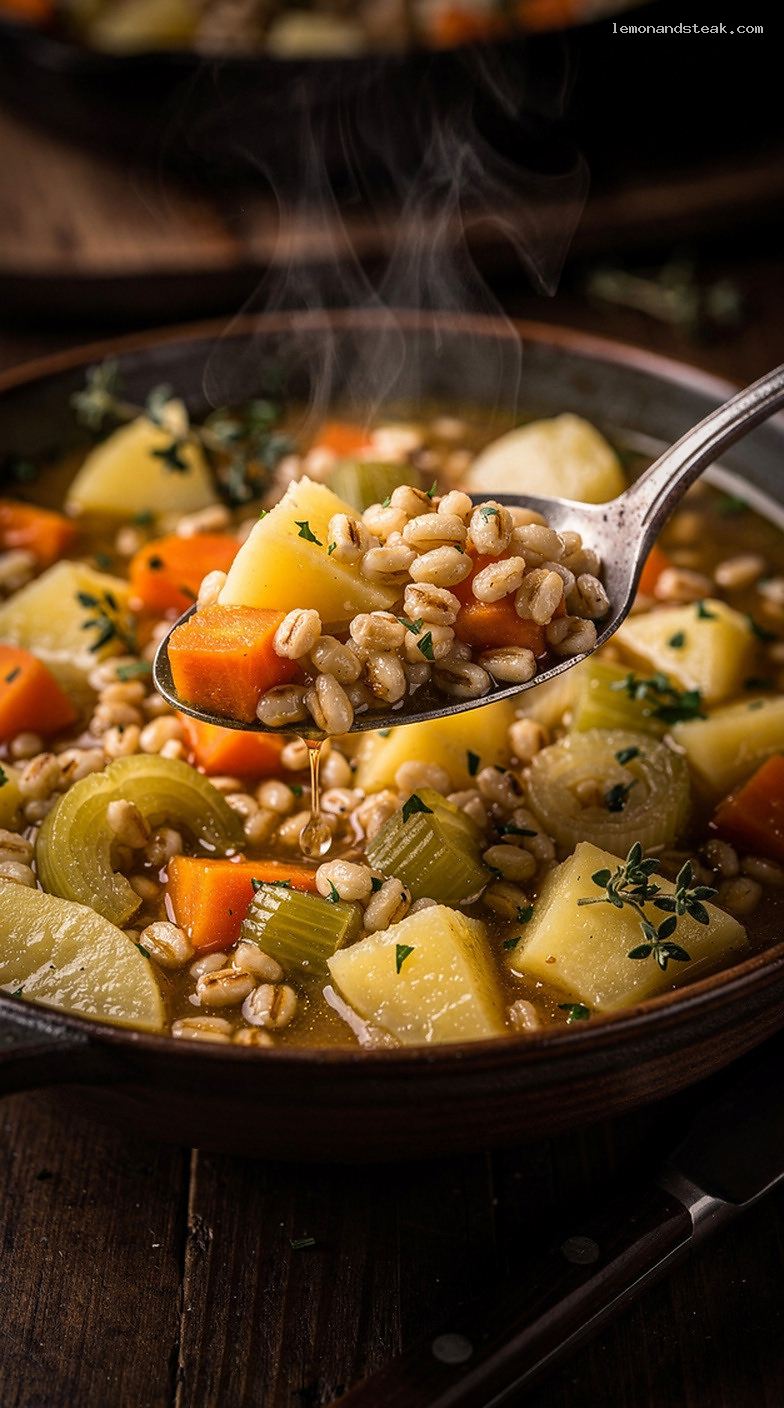 Hearty Vegetable and Barley Stew with Herbs – Closeup