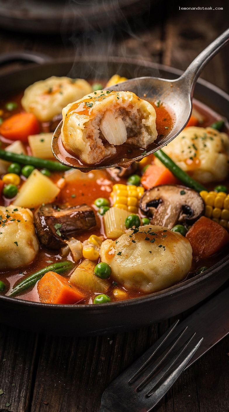 Hearty Vegetable Stew with Fluffy Dumplings – Closeup