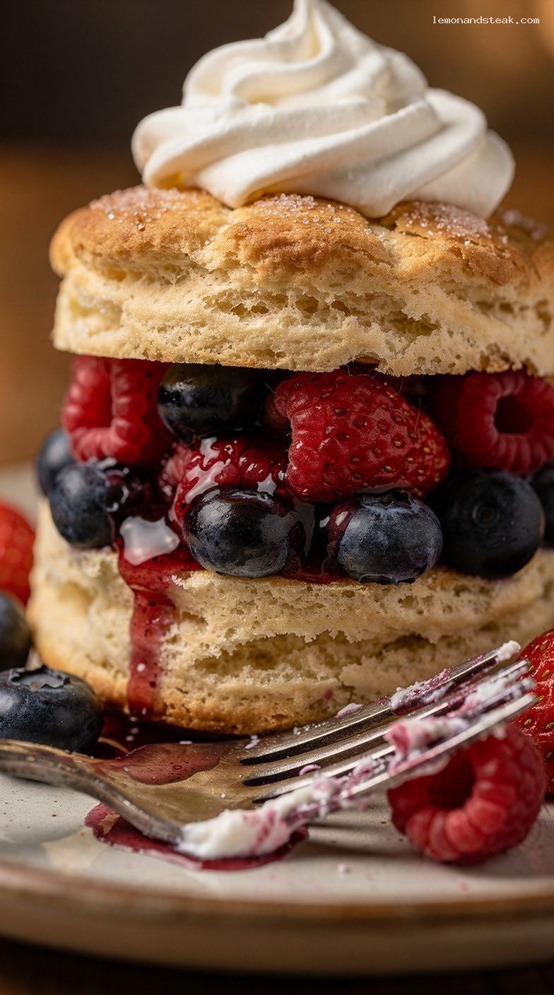 Homestyle All-Berry Shortcake With Buttery Biscuits and Vanilla Cream – Closeup