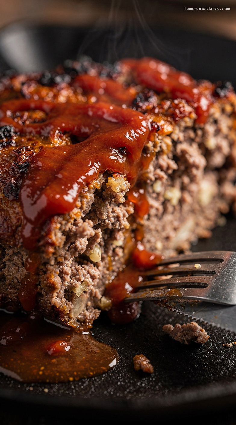 Homestyle Beef and Cauliflower Meatloaf with Tomato Glaze – Closeup