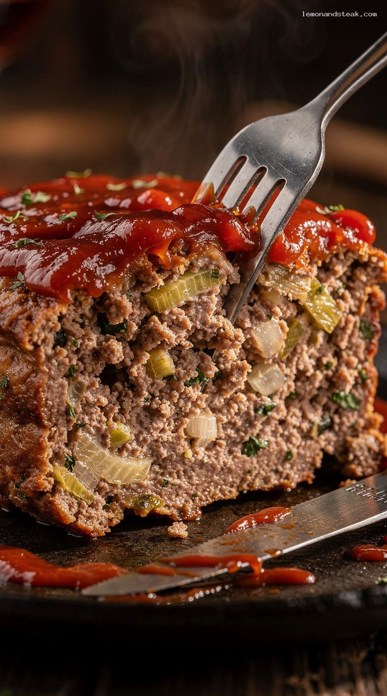 Homestyle Beef and Leek Meatloaf With Tomato Glaze – Closeup