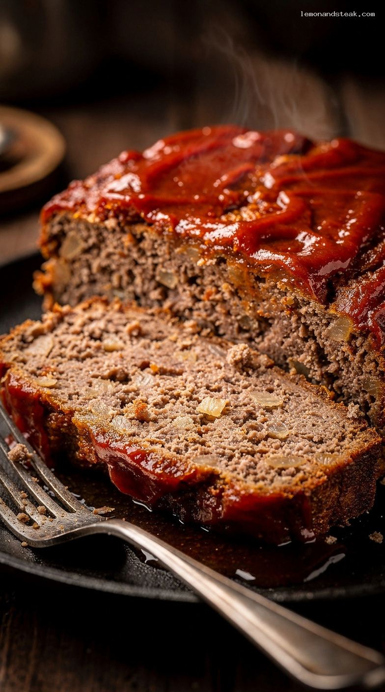 Homestyle Beef and Shallot Meatloaf with Tomato Glaze – Closeup