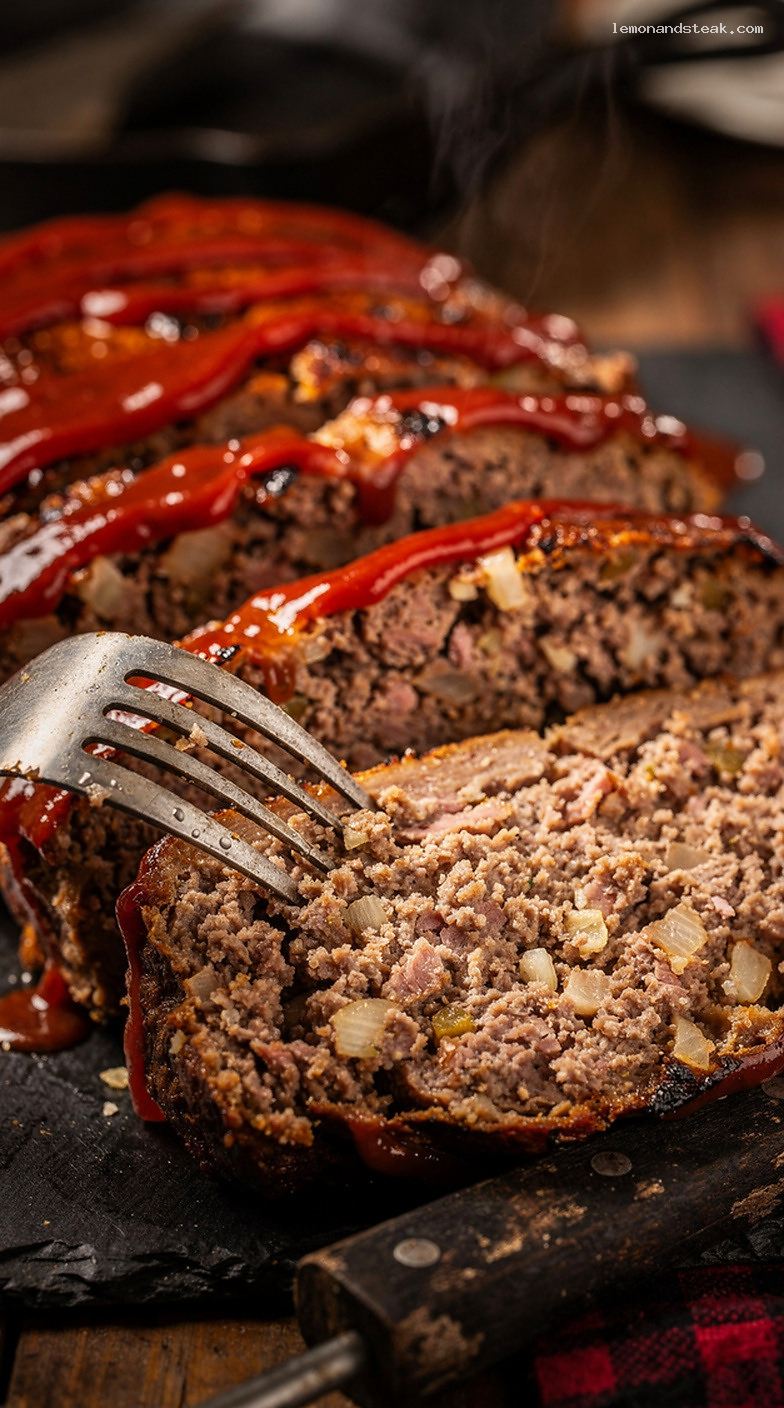 Homestyle Beef and Turkey Meatloaf With Ketchup Glaze – Closeup