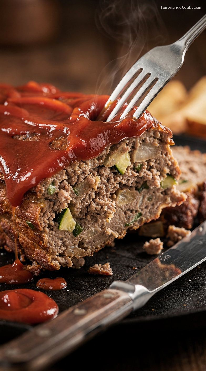 Homestyle Beef and Zucchini Meatloaf with Tomato Glaze – Closeup